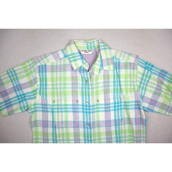 VICTORIA JONES - WOMEN'S BLUE & GREEN PLAID SHORT SLEEVE BUTTON-UP TOP - SIZE PS - Picture 5 of 8